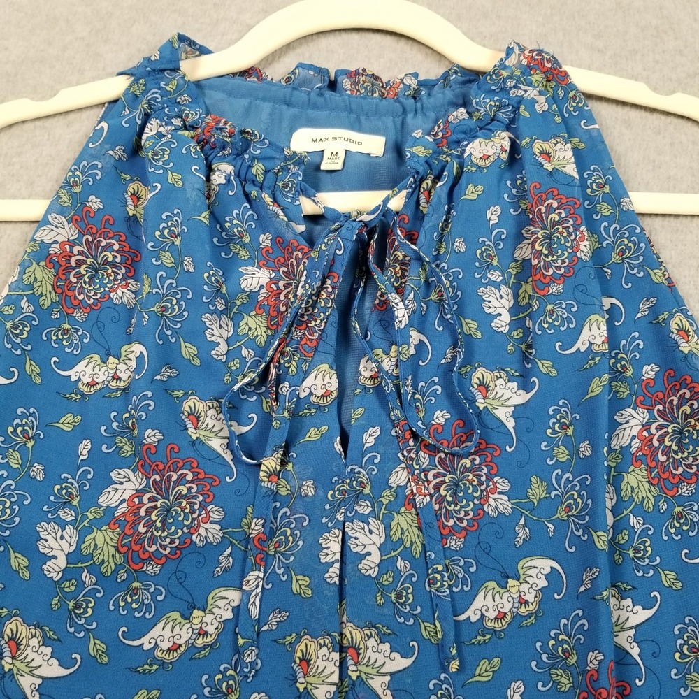 Max Studio Blouse Womens M Medium Blue Floral Tie Neck Sleeveless Bubble Hem Top - Picture 2 of 9